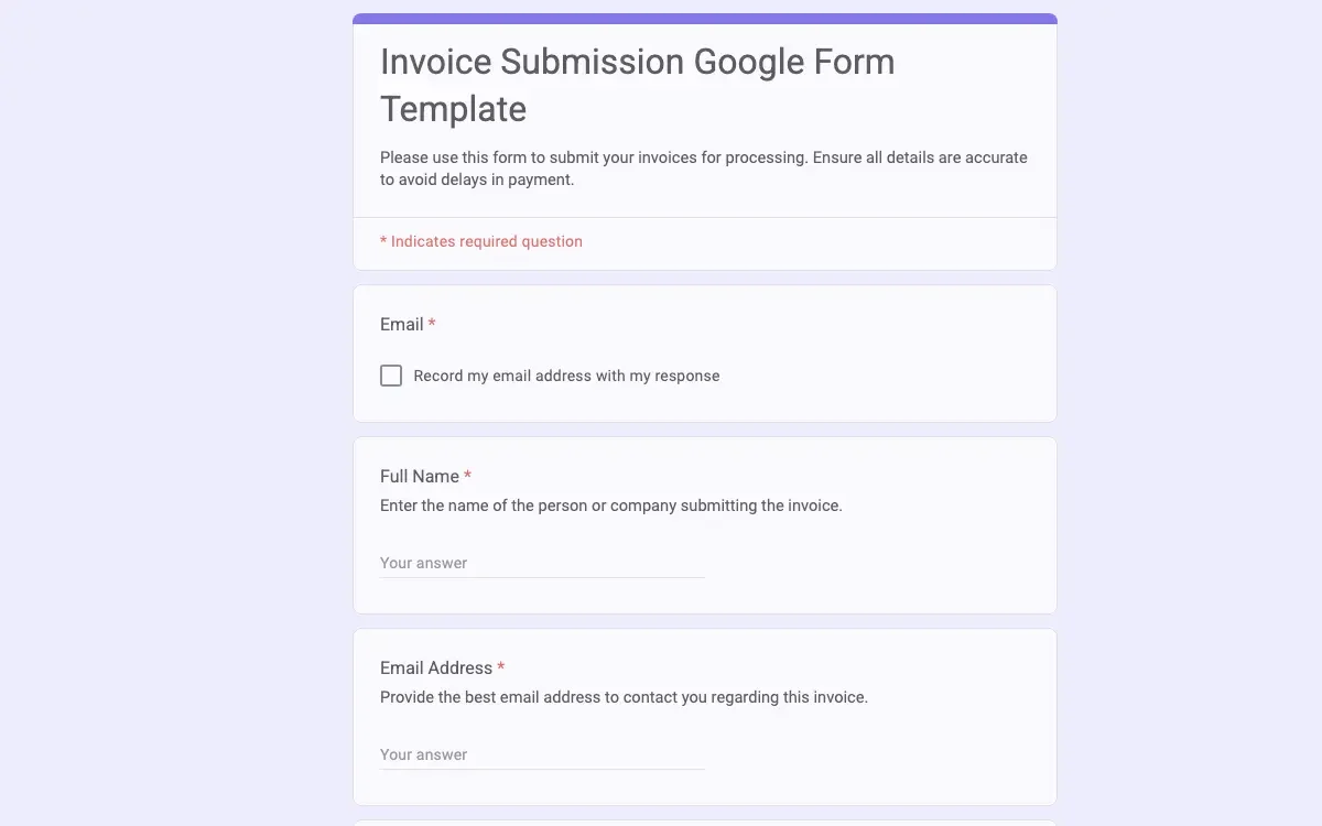 Preview of Invoice Submission Google Form Template