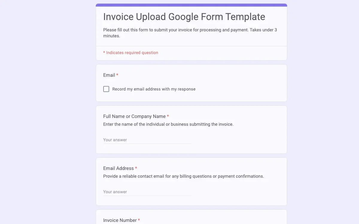 Preview of Invoice Upload Google Form Template