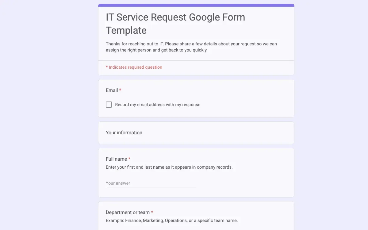 Preview of IT Service Request Google Form Template