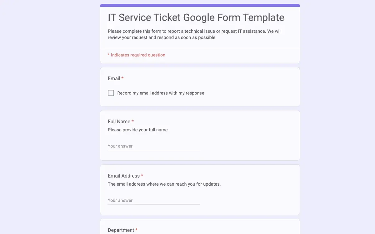 Preview of IT Service Ticket Google Form Template
