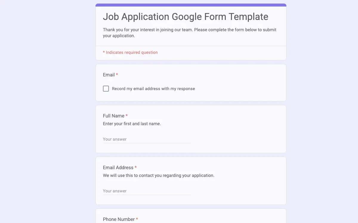 Preview of Job Application Google Form Template