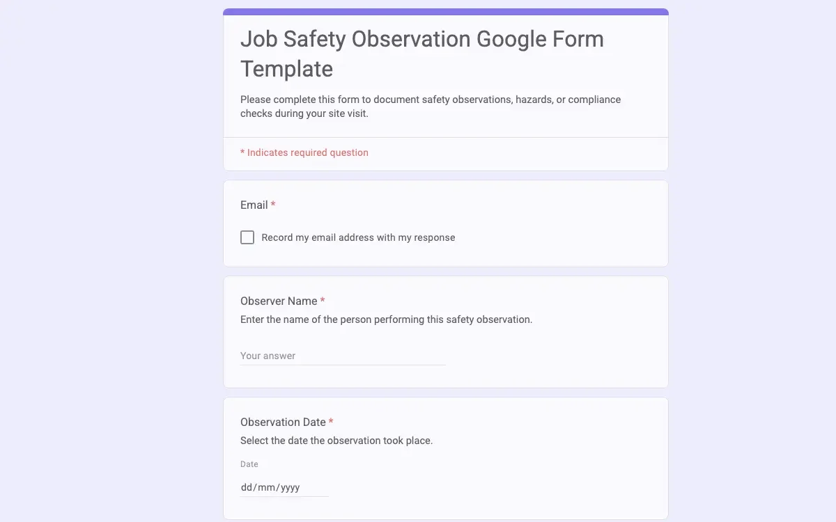 Preview of Job Safety Observation Google Form Template