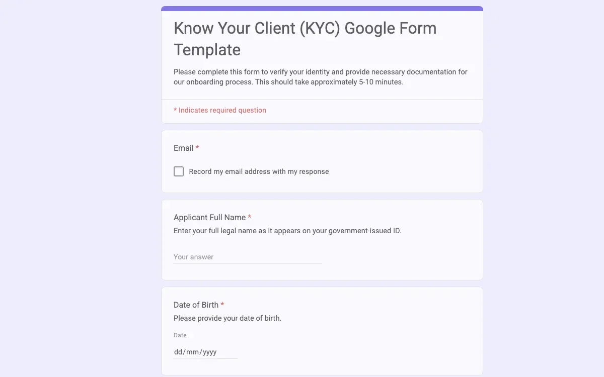Preview of Know Your Client (KYC) Google Form Template
