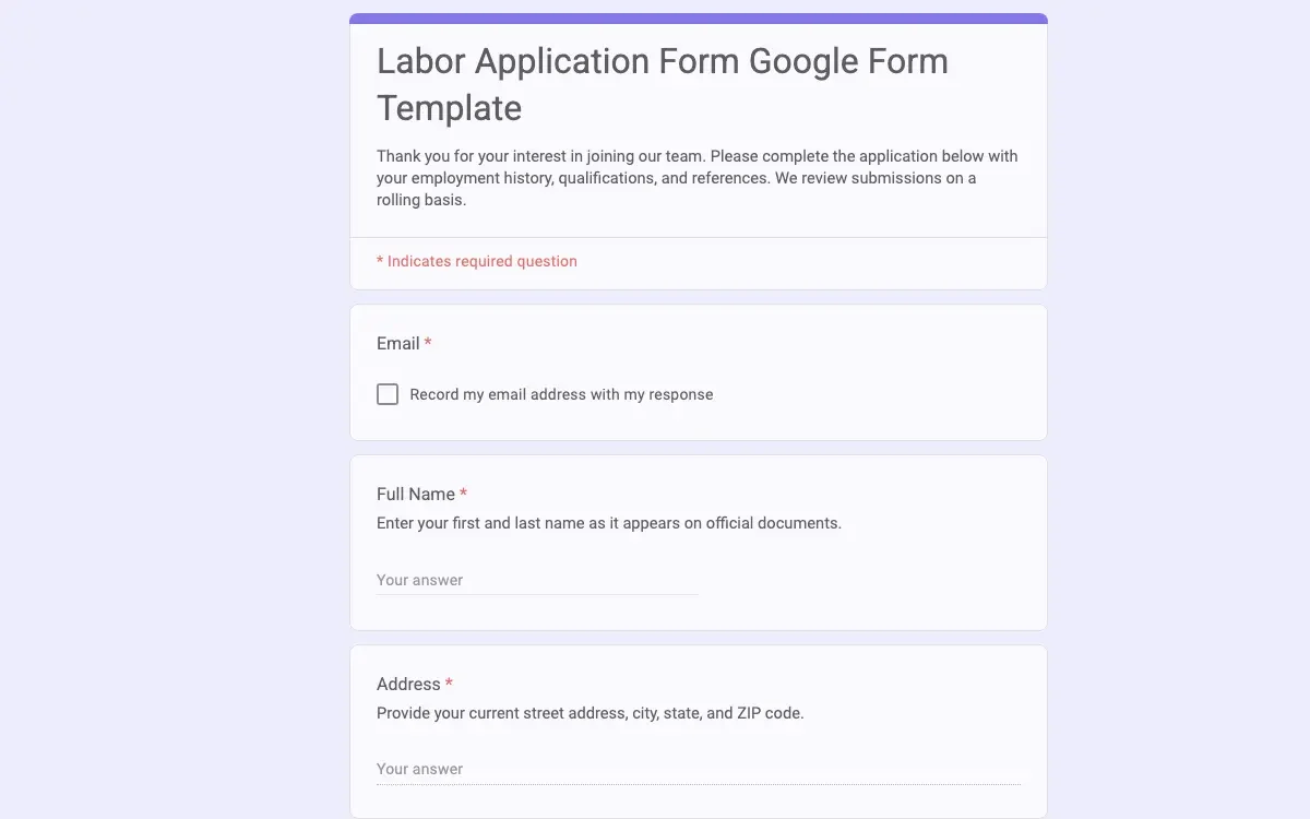 Preview of Labor Application Form Google Form Template