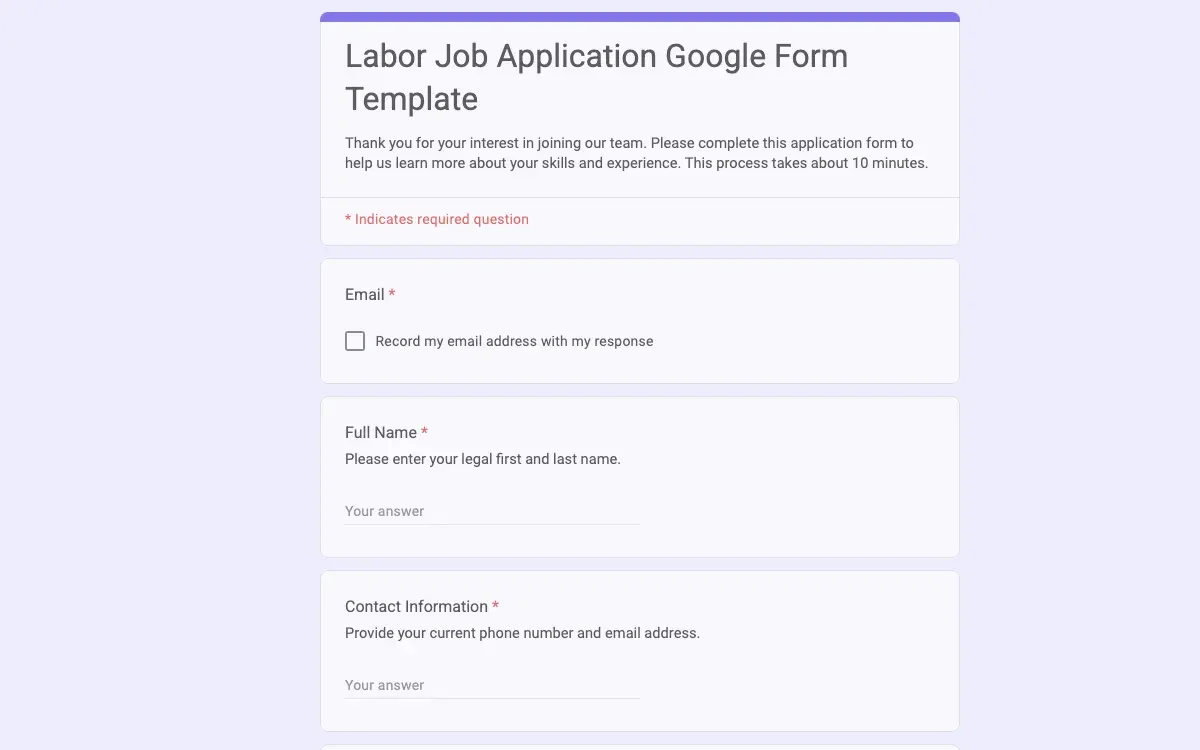 Preview of Labor Job Application Google Form Template