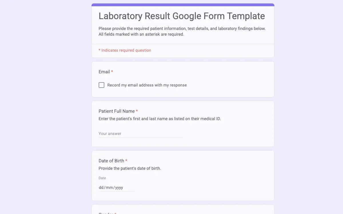 Preview of Laboratory Result Google Form Template