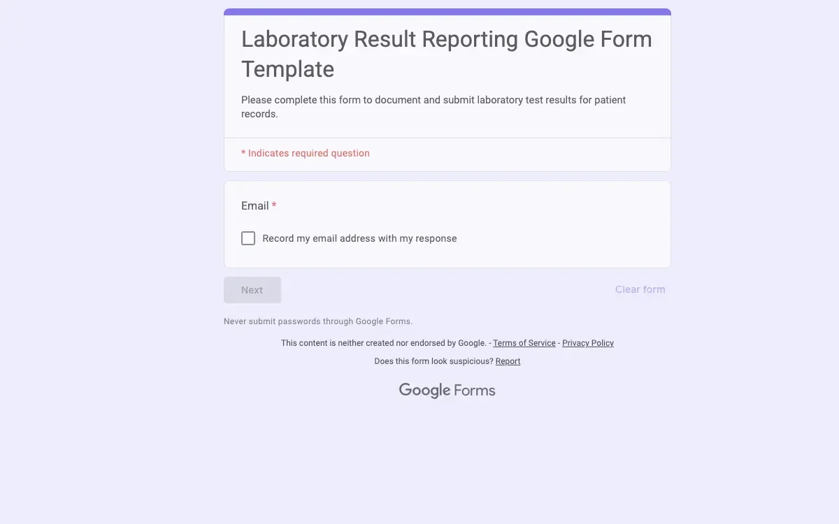 Preview of Laboratory Result Reporting Google Form Template