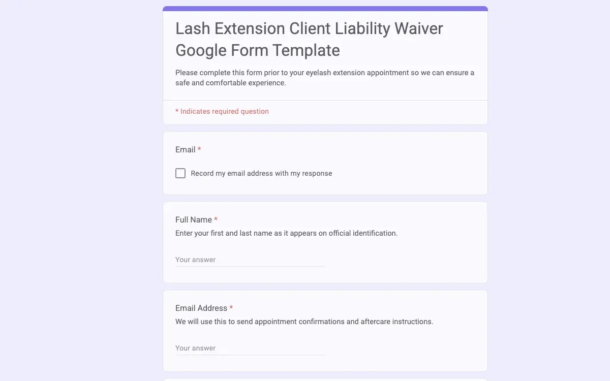 Preview of Lash Extension Client Liability Waiver Google Form Template