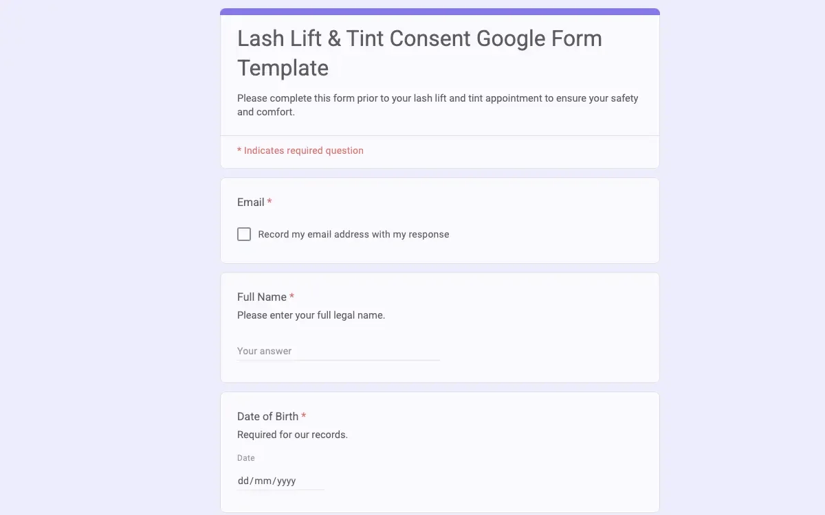 Preview of Lash Lift & Tint Consent Google Form Template