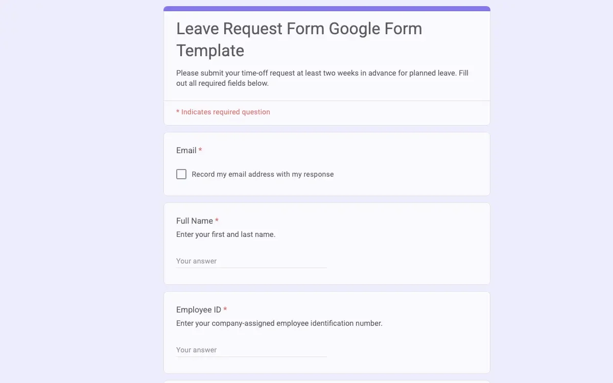 Preview of Leave Request Form Google Form Template