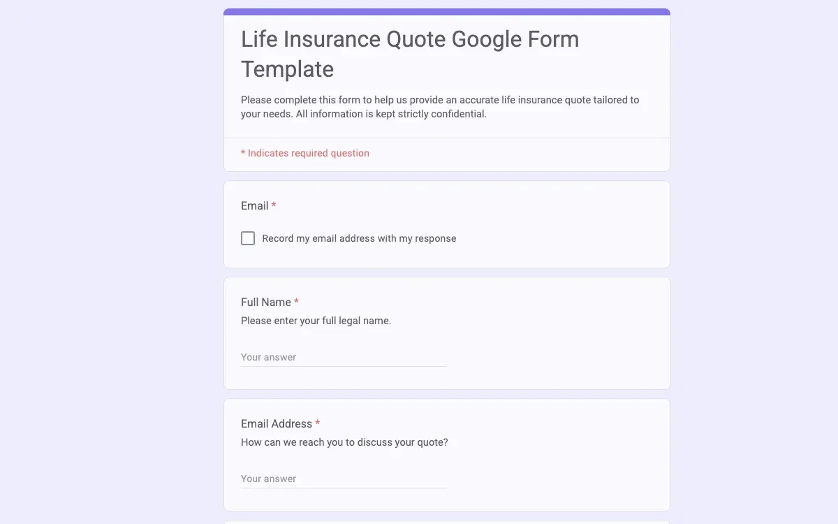 Preview of Life Insurance Quote Google Form Template