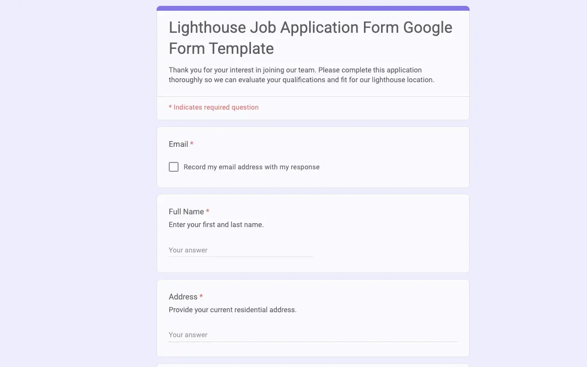 Preview of Lighthouse Job Application Form Google Form Template