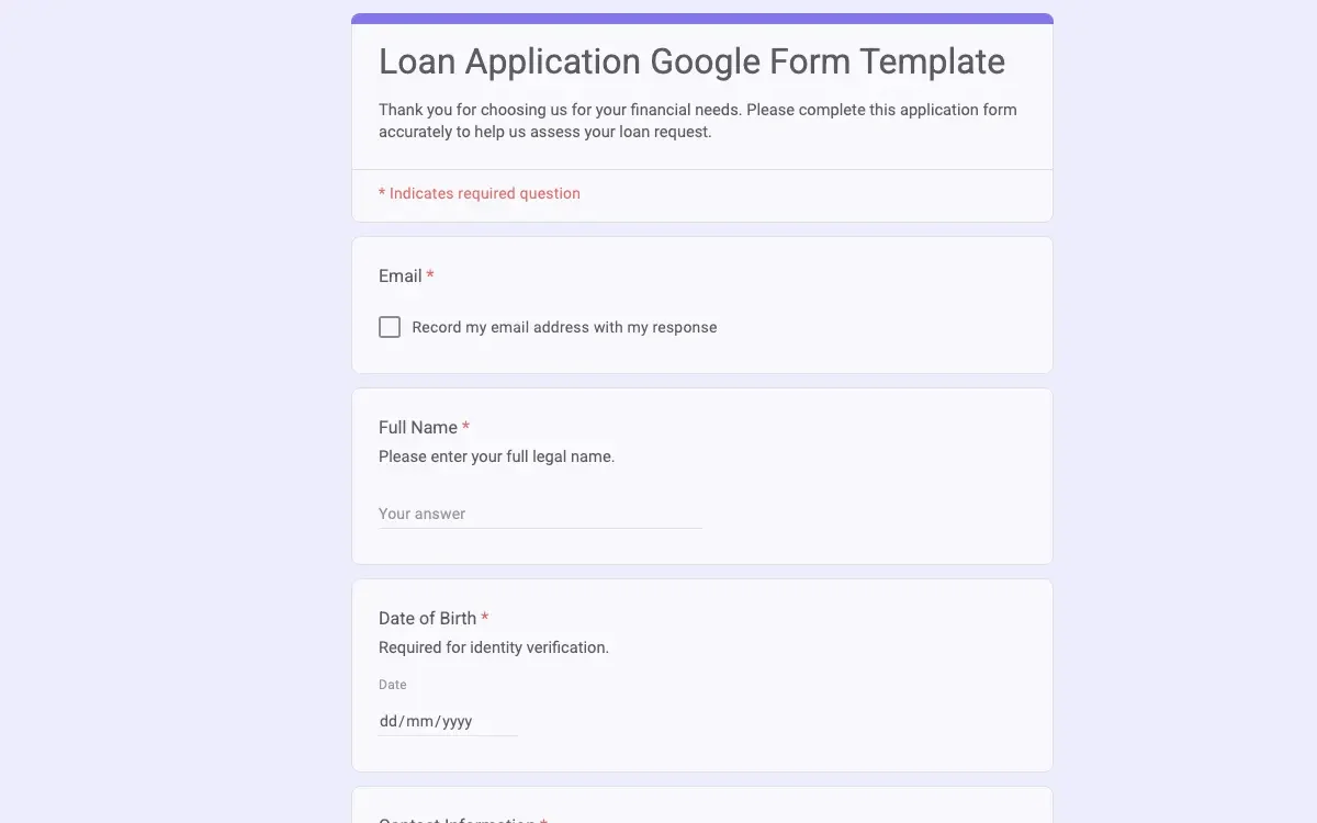 Preview of Loan Application Google Form Template