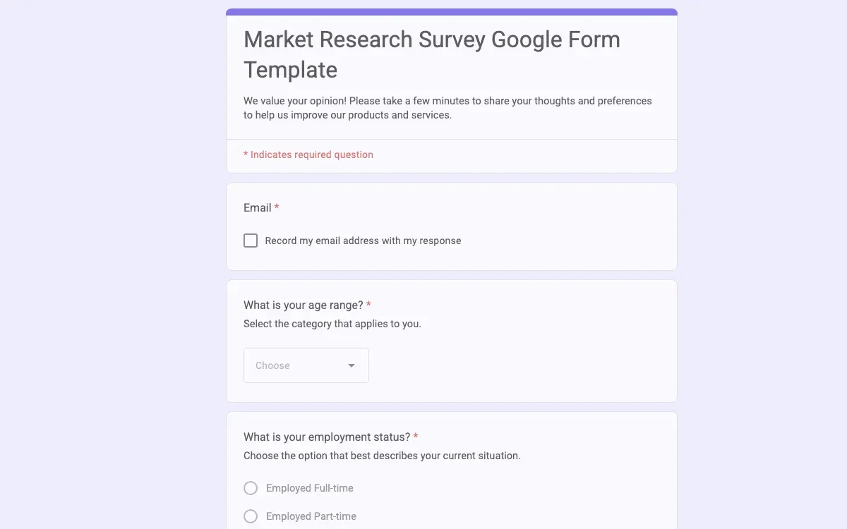 Preview of Market Research Survey Google Form Template