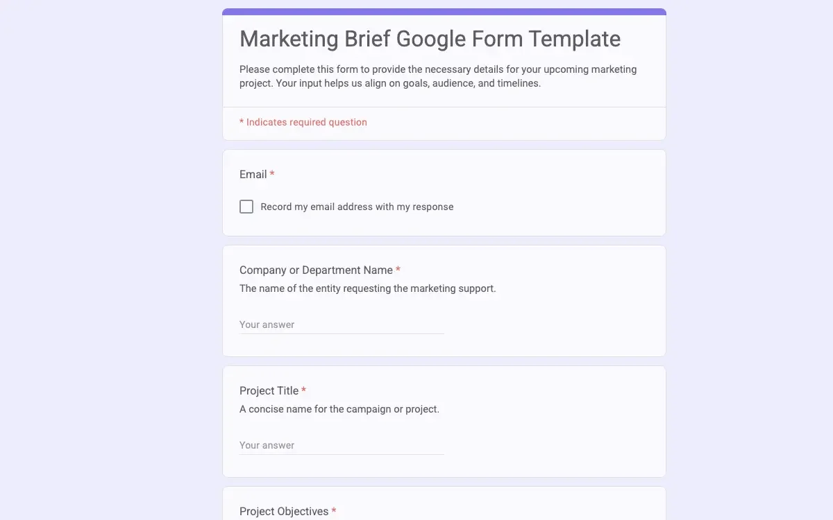 Preview of Marketing Brief Google Form Template