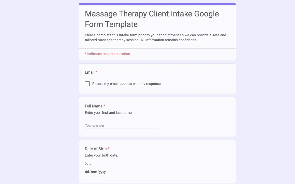 Preview of Massage Therapy Client Intake Google Form Template