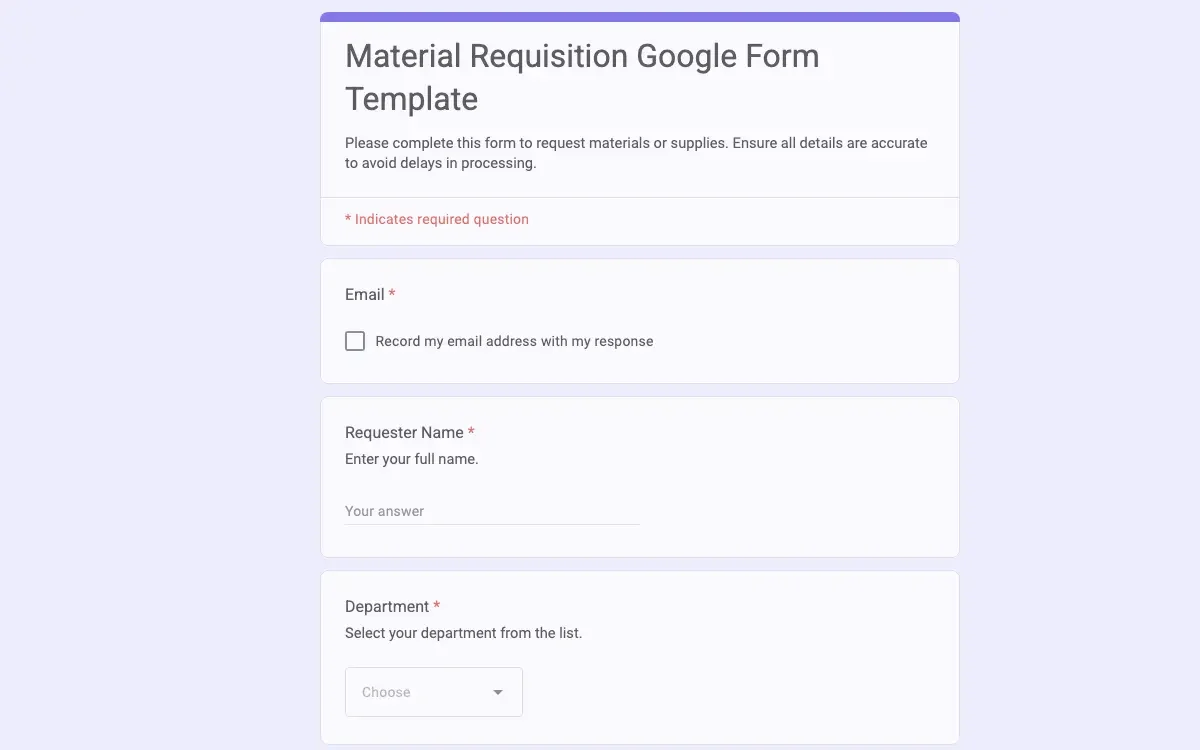 Preview of Material Requisition Google Form Template