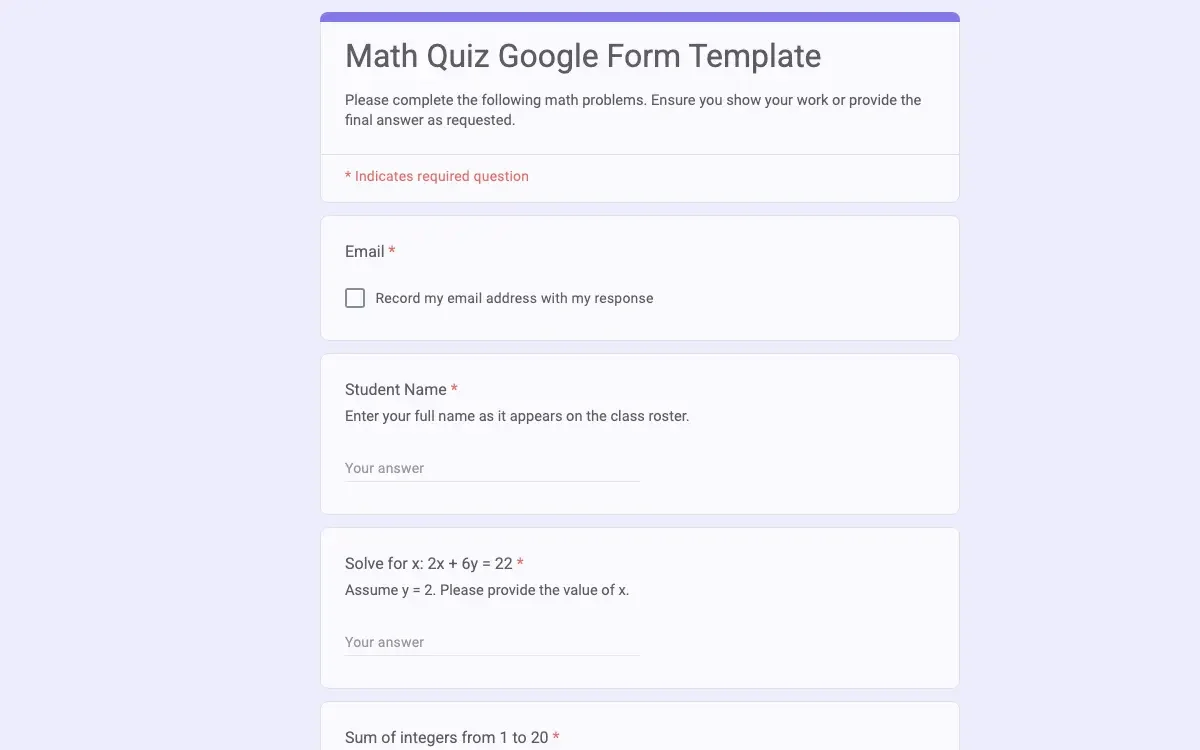 Preview of Math Quiz Google Form Template