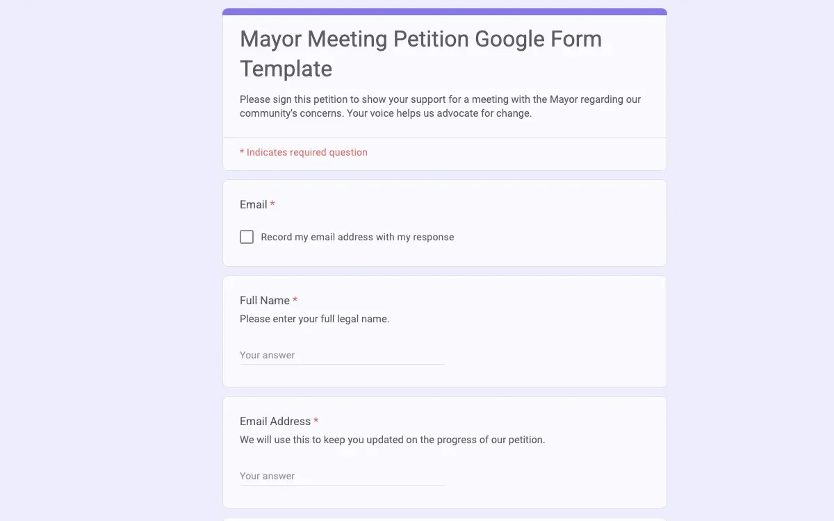 Preview of Mayor Meeting Petition Google Form Template