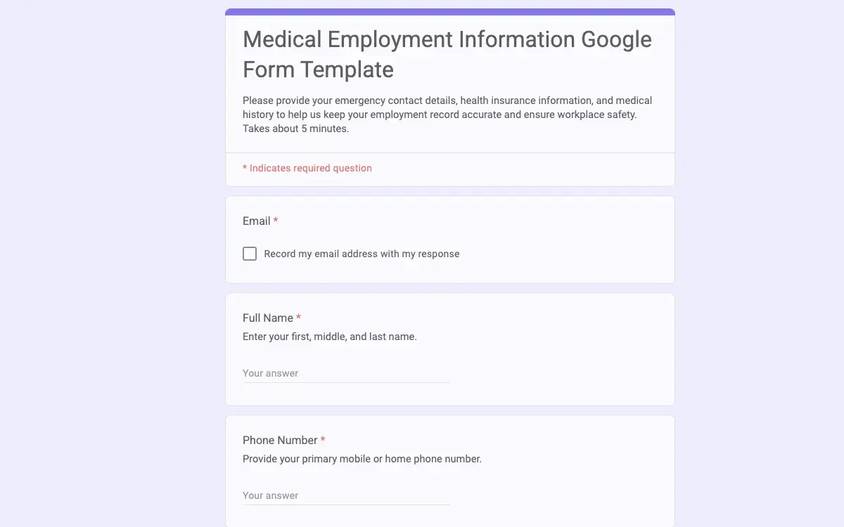 Preview of Medical Employment Information Google Form Template