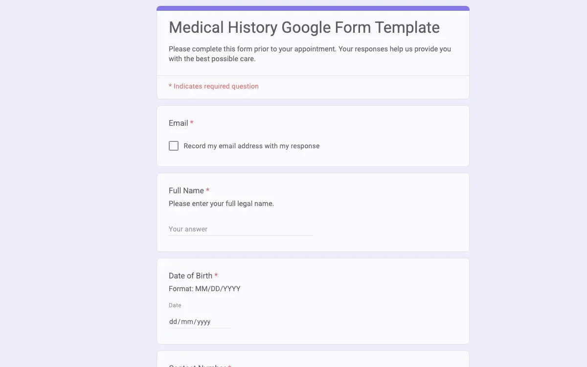 Preview of Medical History Google Form Template