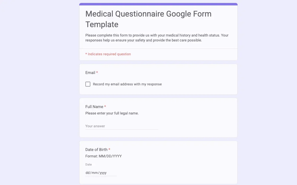 Preview of Medical Questionnaire Google Form Template