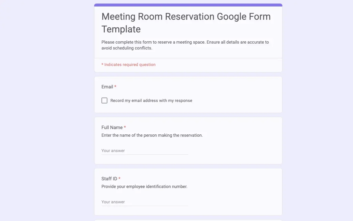 Preview of Meeting Room Reservation Google Form Template