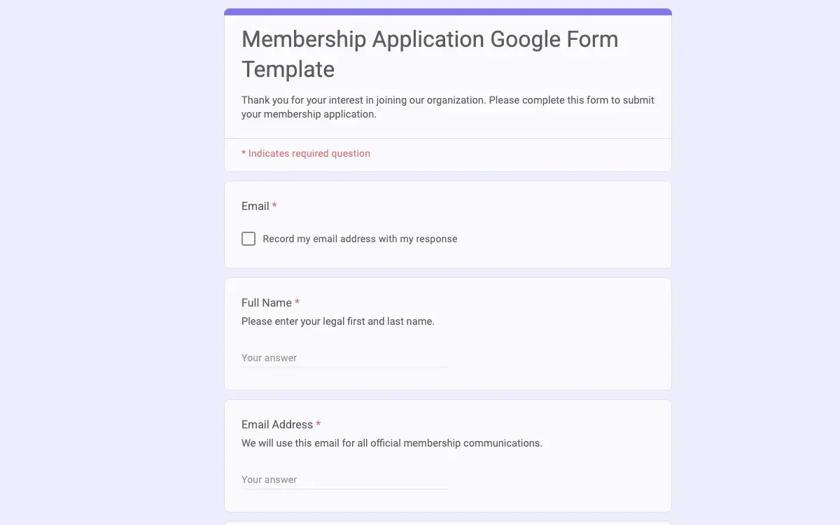 Preview of Membership Application Google Form Template