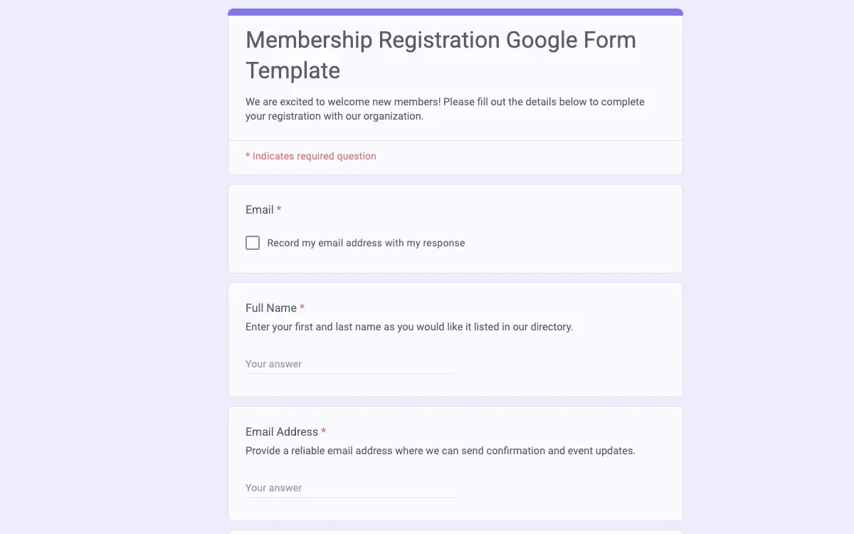Preview of Membership Registration Google Form Template