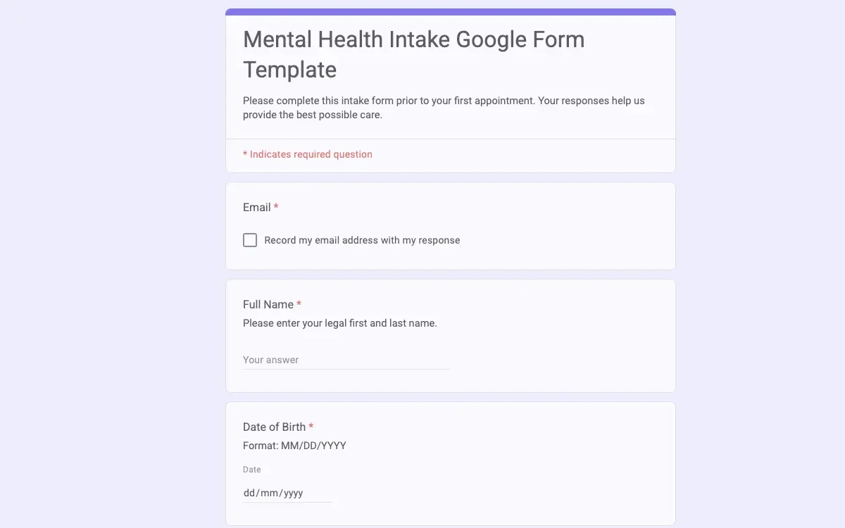 Preview of Mental Health Intake Google Form Template