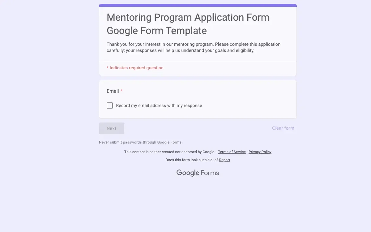 Preview of Mentoring Program Application Form Google Form Template