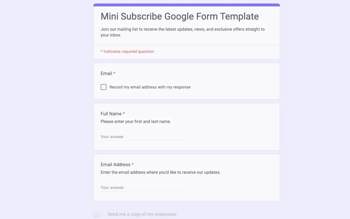 Preview of Mini Subscribe Google Form Template