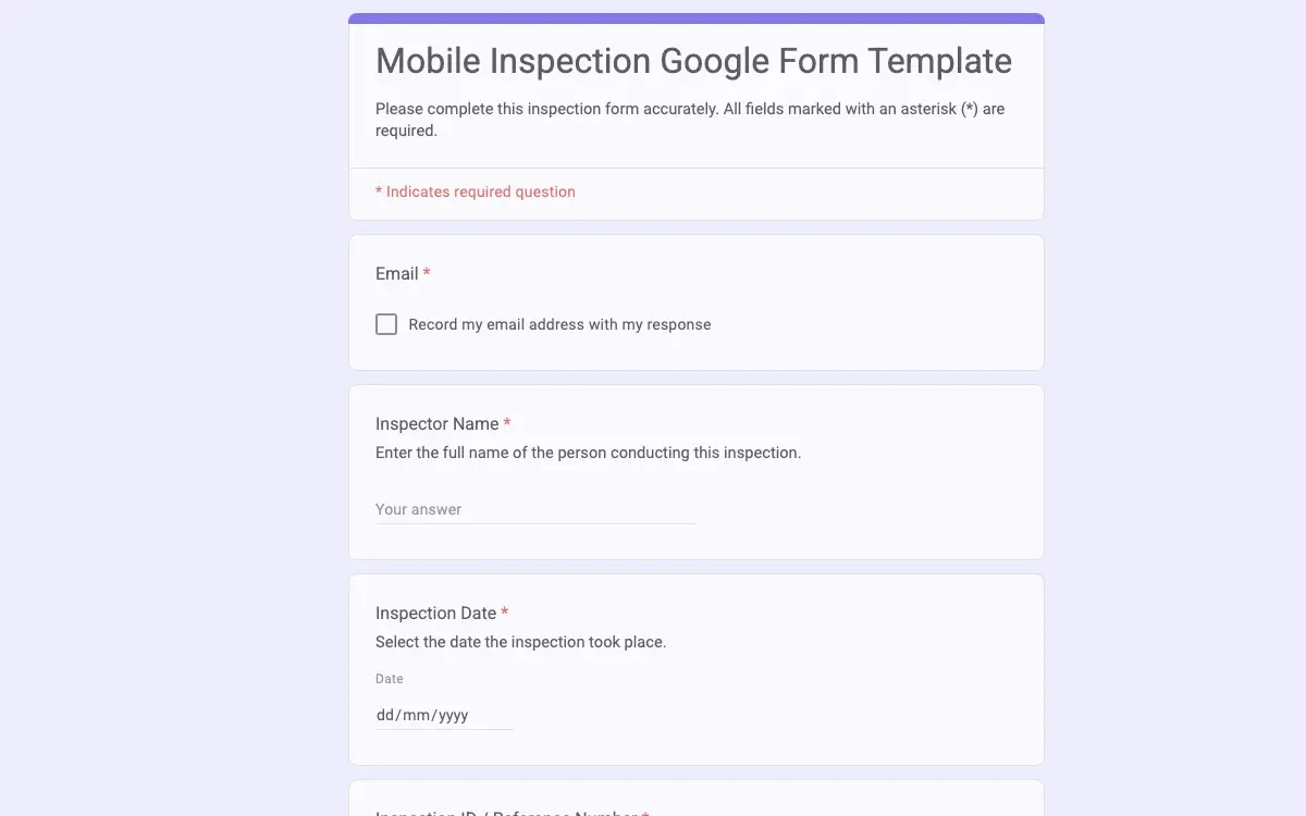 Preview of Mobile Inspection Google Form Template