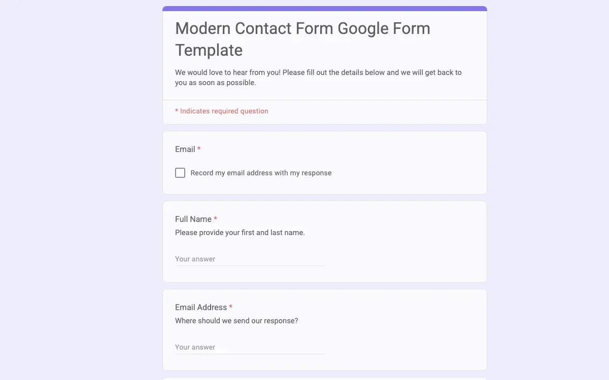 Preview of Modern Contact Form Google Form Template