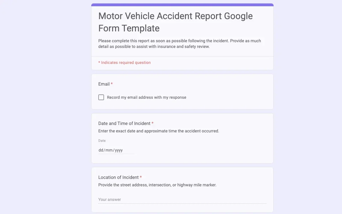 Preview of Motor Vehicle Accident Report Google Form Template