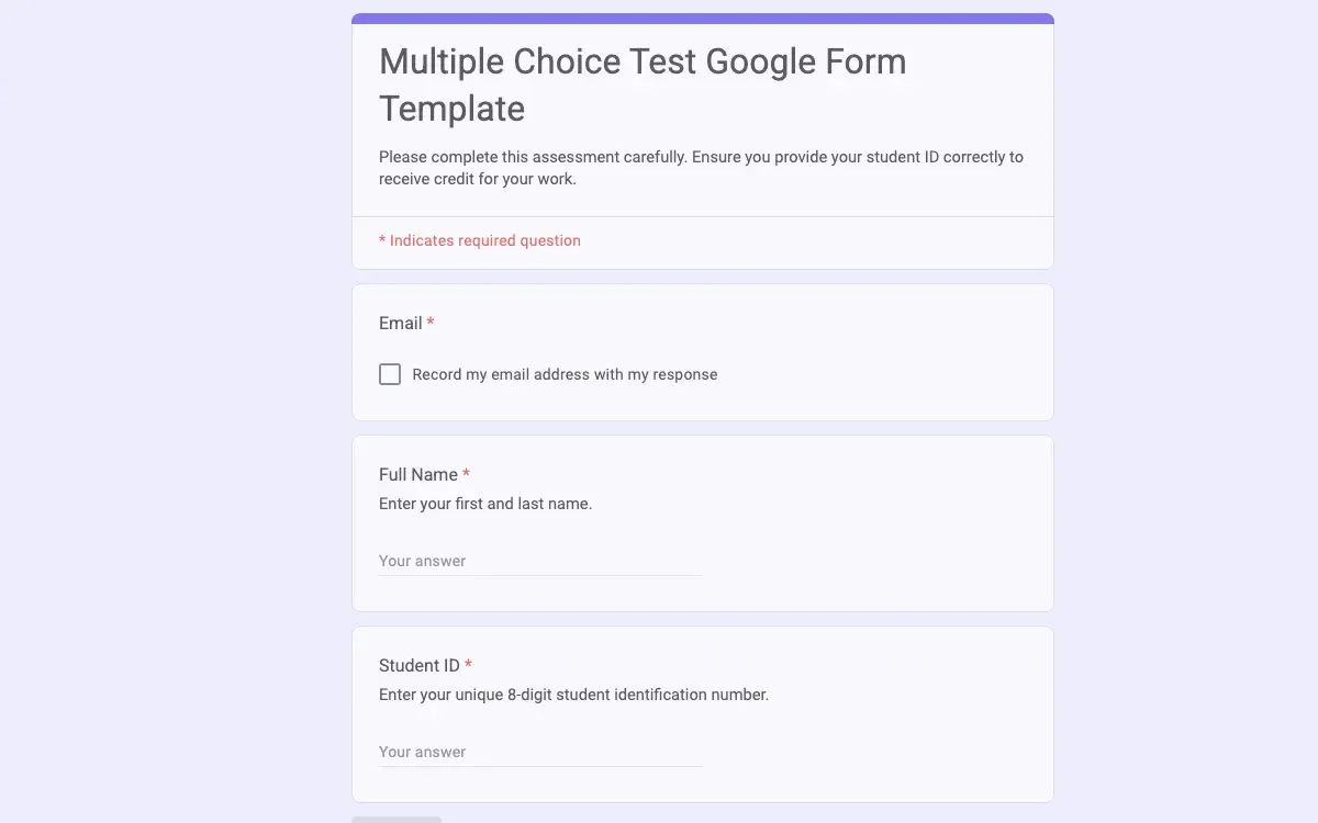 Preview of Multiple Choice Test Google Form Template