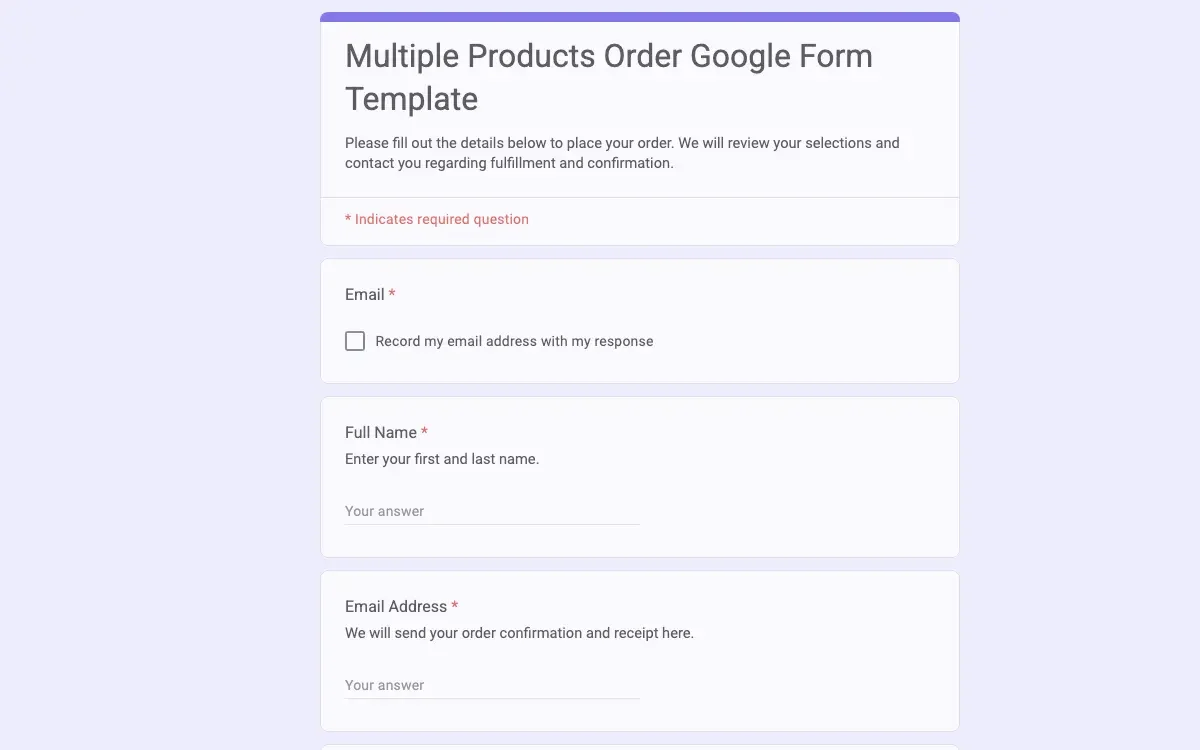Preview of Multiple Products Order Google Form Template