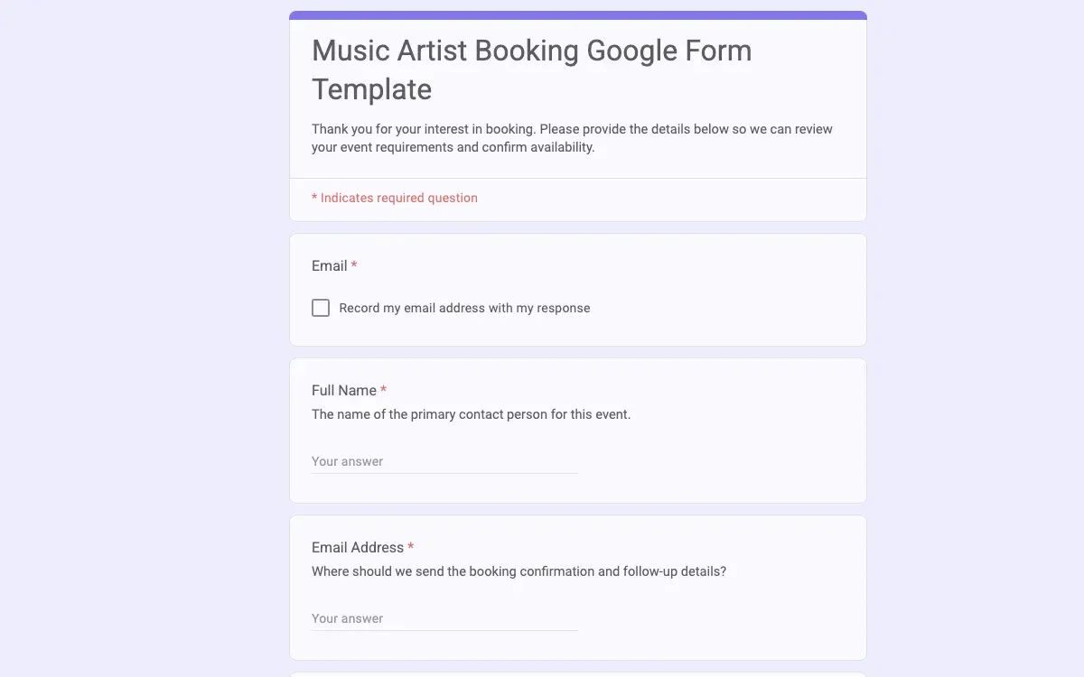 Preview of Music Artist Booking Google Form Template