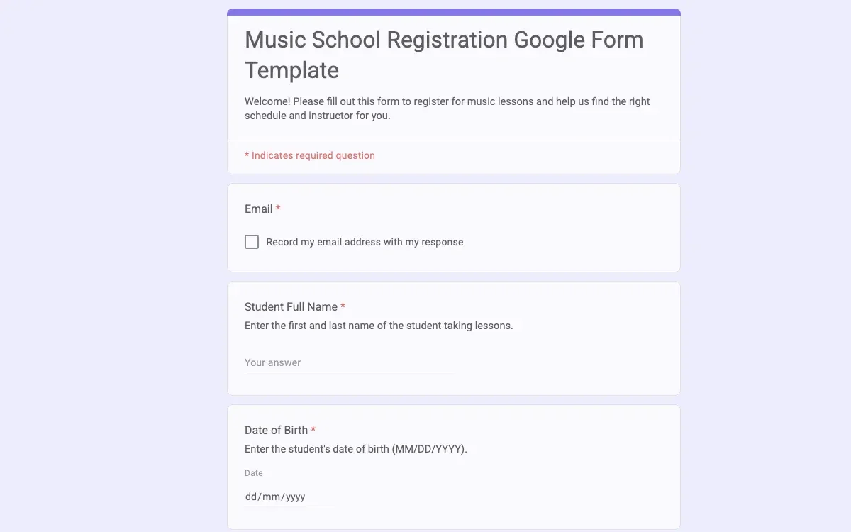 Preview of Music School Registration Google Form Template