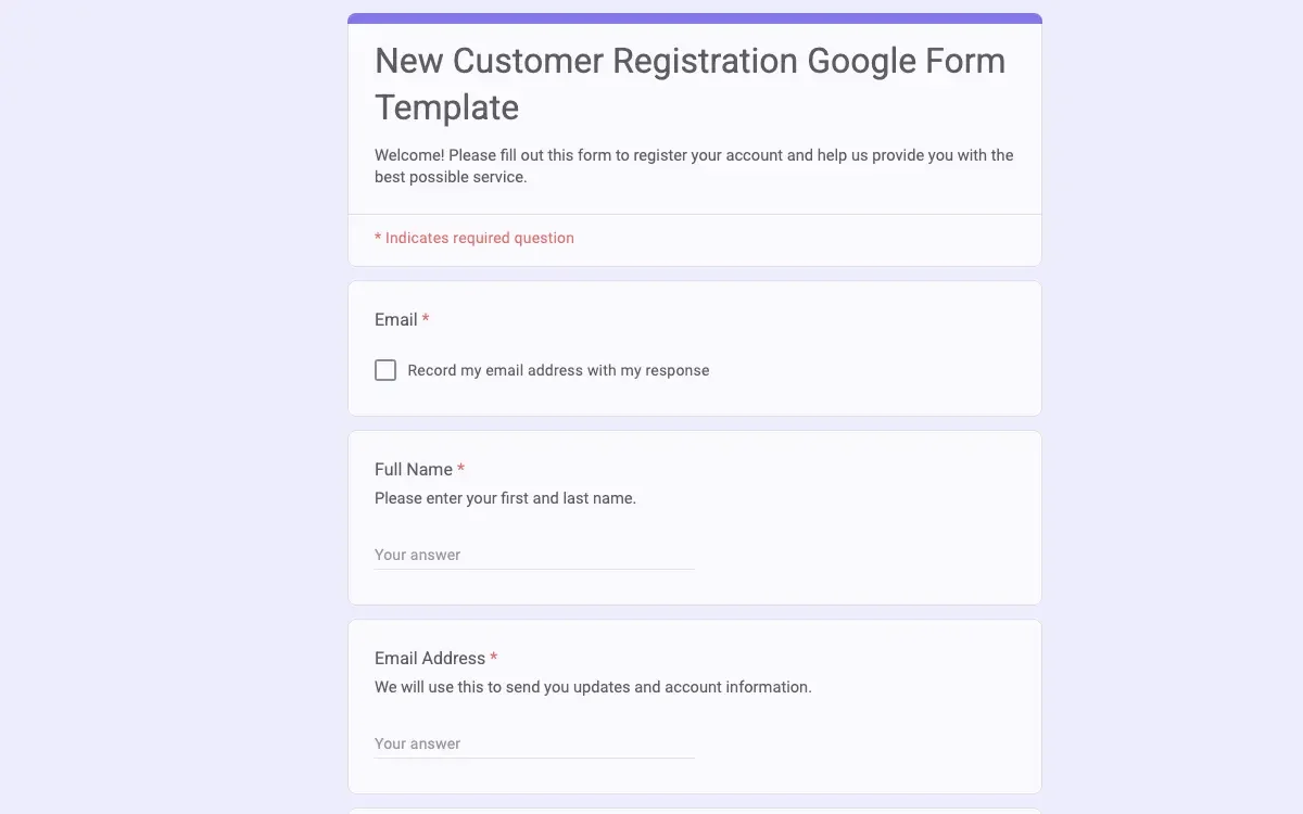 Preview of New Customer Registration Google Form Template