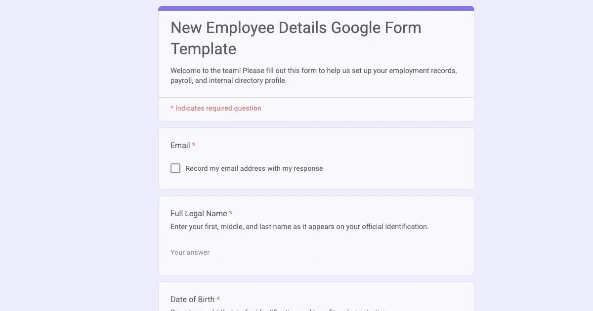 New Employee Details Google Form Template | Doc2Form