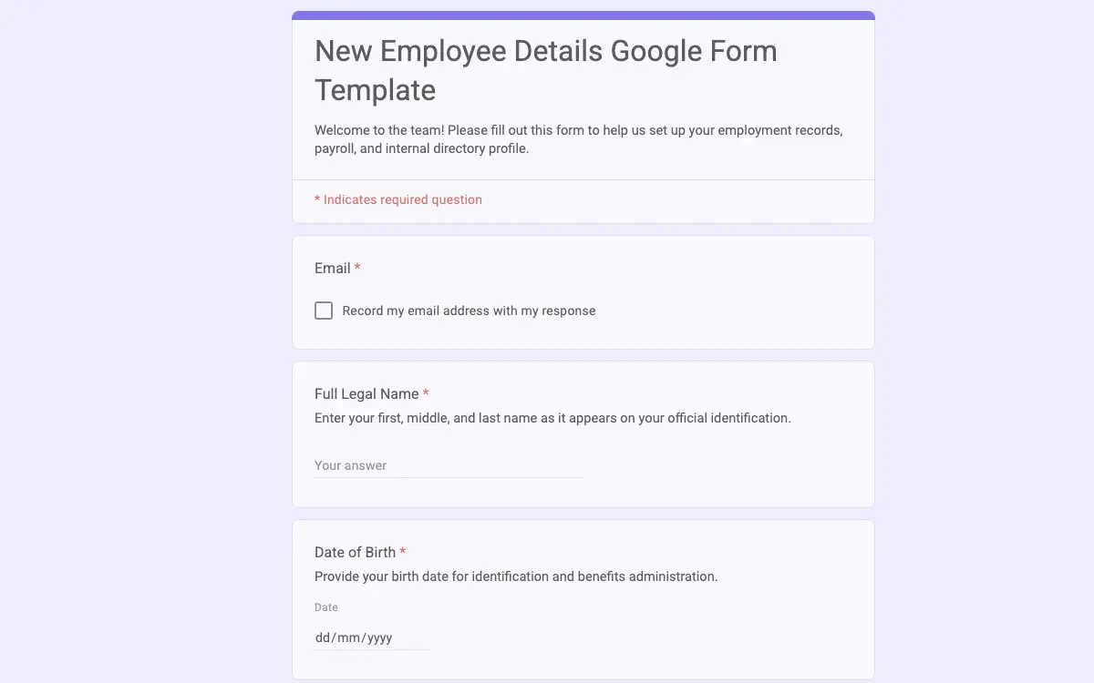 Preview of New Employee Details Google Form Template