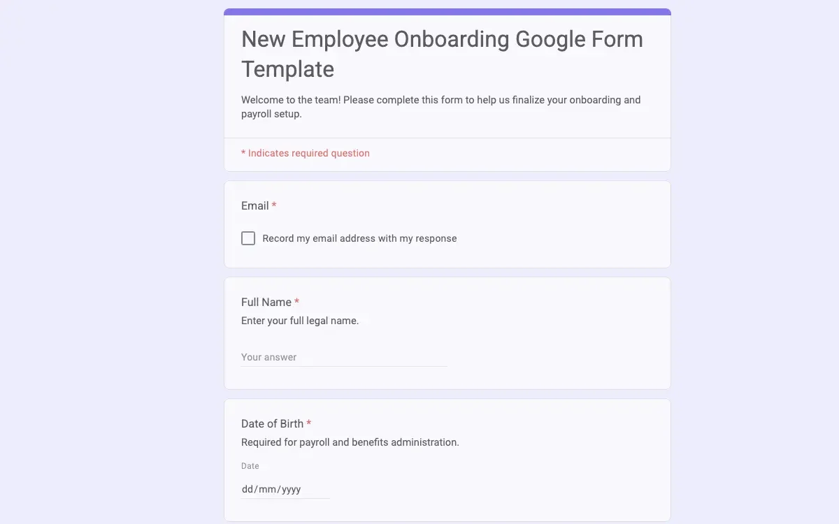 Preview of New Employee Onboarding Google Form Template