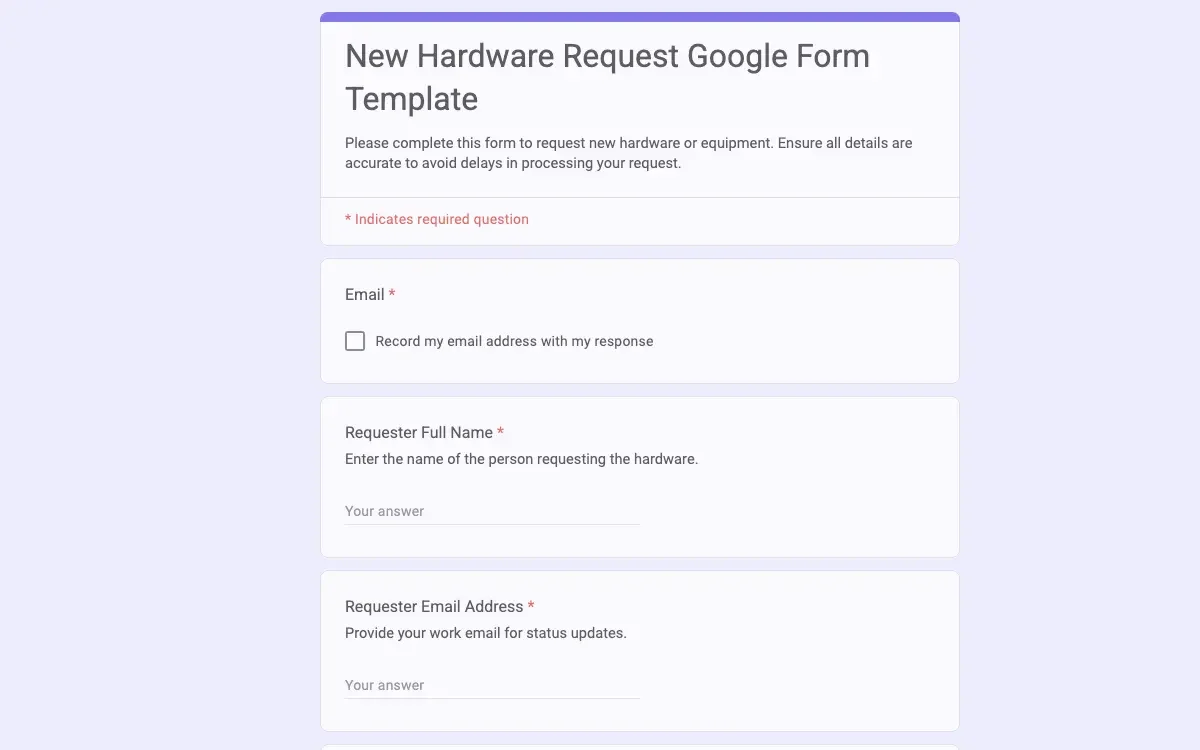 Preview of New Hardware Request Google Form Template