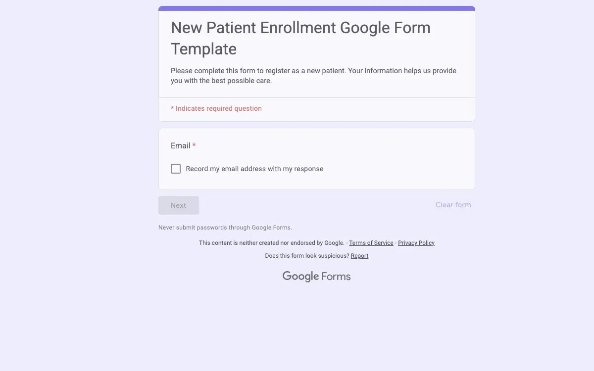 Preview of New Patient Enrollment Google Form Template