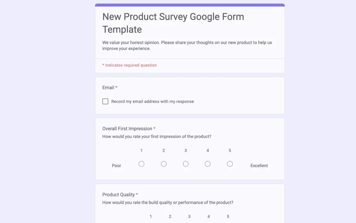 Preview of New Product Survey Google Form Template