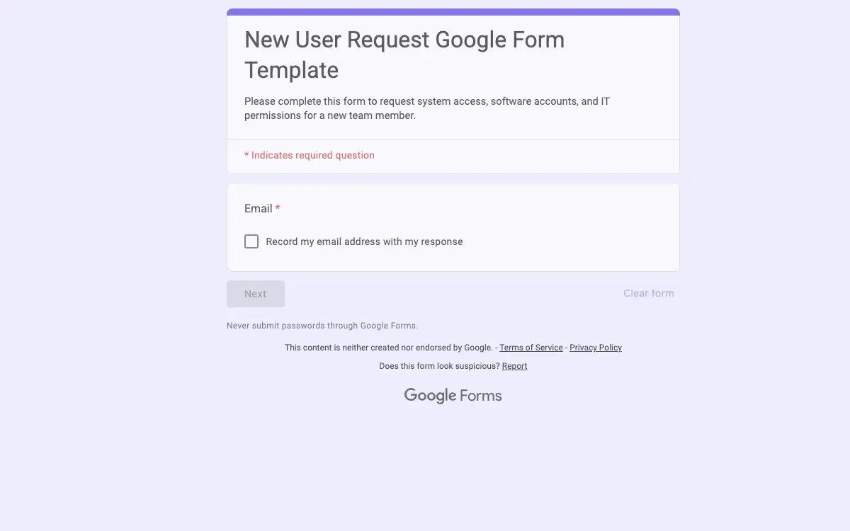 Preview of New User Request Google Form Template
