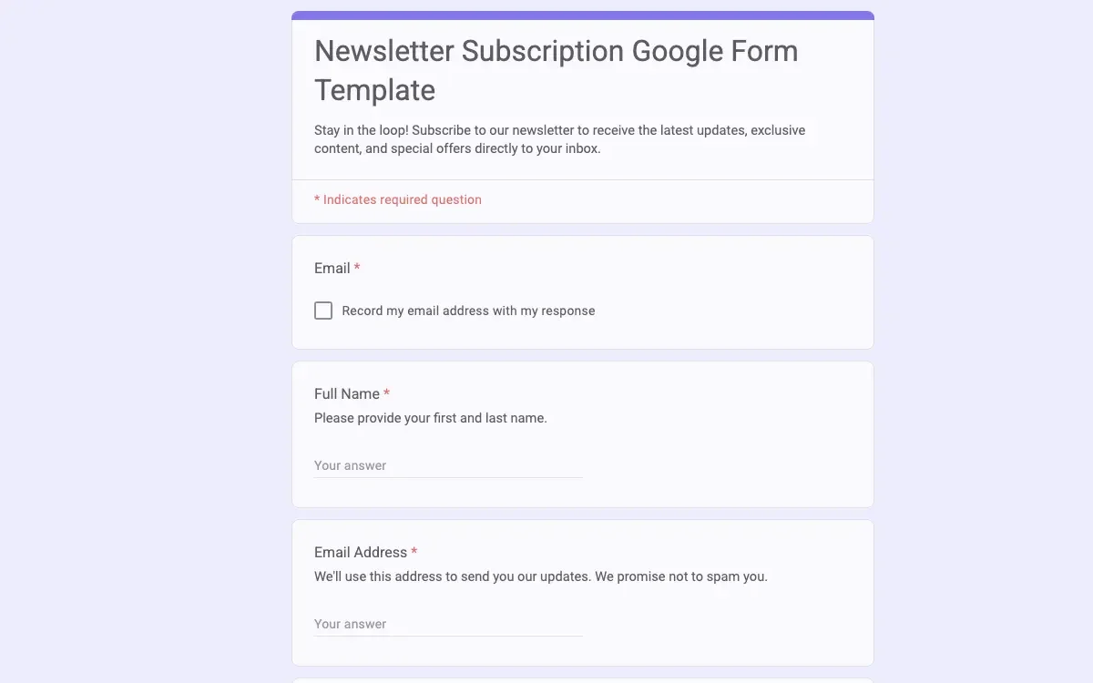 Preview of Newsletter Subscription Google Form Template