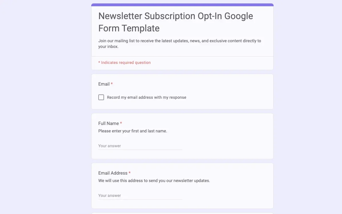 Preview of Newsletter Subscription Opt-In Google Form Template