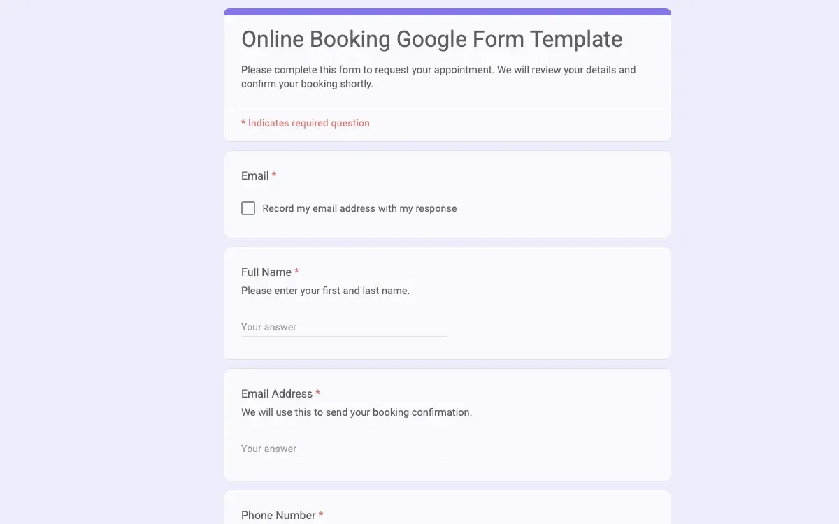 Preview of Online Booking Google Form Template
